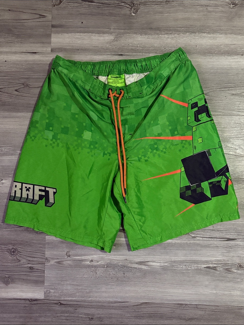 Point Zero Minecraft Green Swim Board Shorts with Orange Drawstring